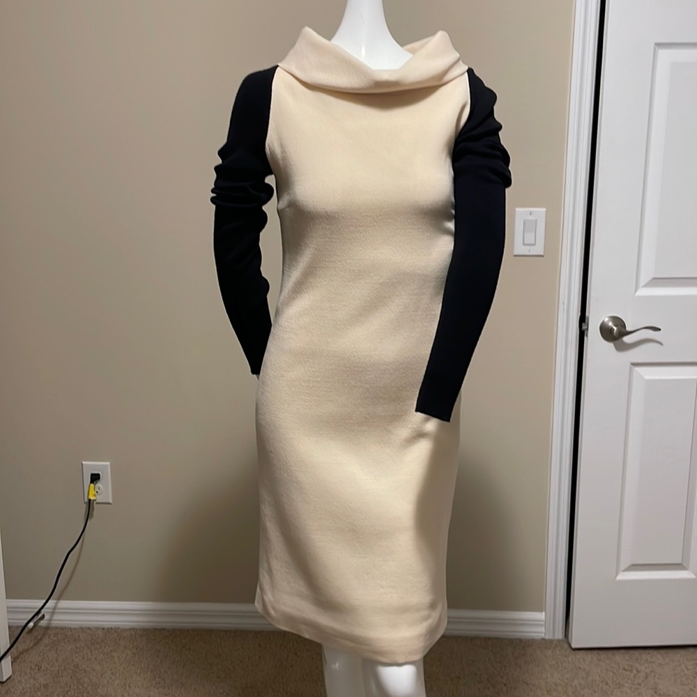 GIO’ GUERRERI Mock Neck Crepe Wool Sheath Dress Black Ribbed Knit LongSleeve US6